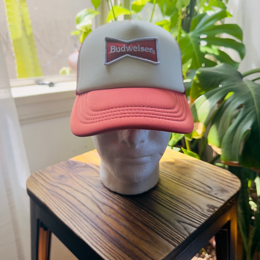 Budweiser Cotton On Beer Trucker Hat Cap‎ Burgundy Cream Adjustable NWT